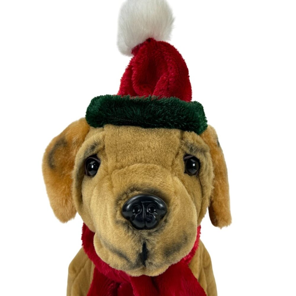 Dan Dee Christmas Puppy Plush Toy With Red and Green Santa Hat and Scarf 13.5"